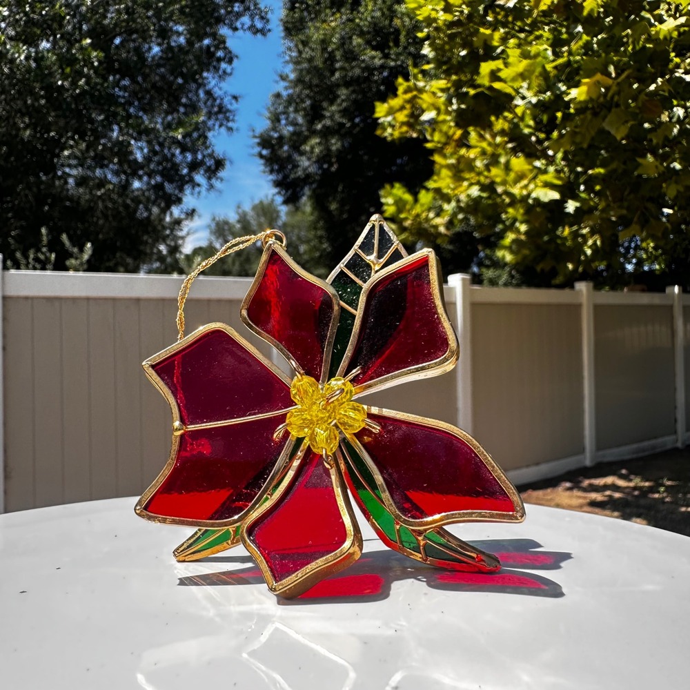 Vintage Stained Glass Poinsettia Christmas Ornament Suncatcher Red Gold Floral